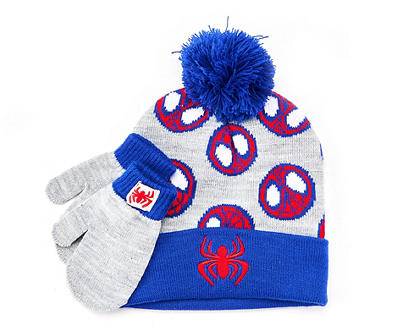 Marvel Spider-Man Kids Pom-Pom Beanie & Mittens (gray-blue)