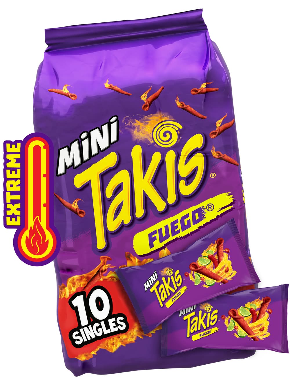 Takis Fuego Mini Extreme Spicy Rolled Tortilla Chips, Hot Chili Pepper-Lime (10 x 1.23 oz)