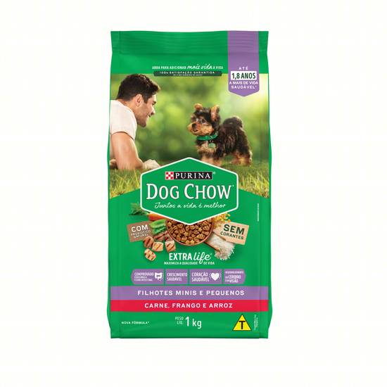 Purina ração seca para cães filhotes pequenos e minis dog chow sabor carne, frango e arroz (1 kg)
