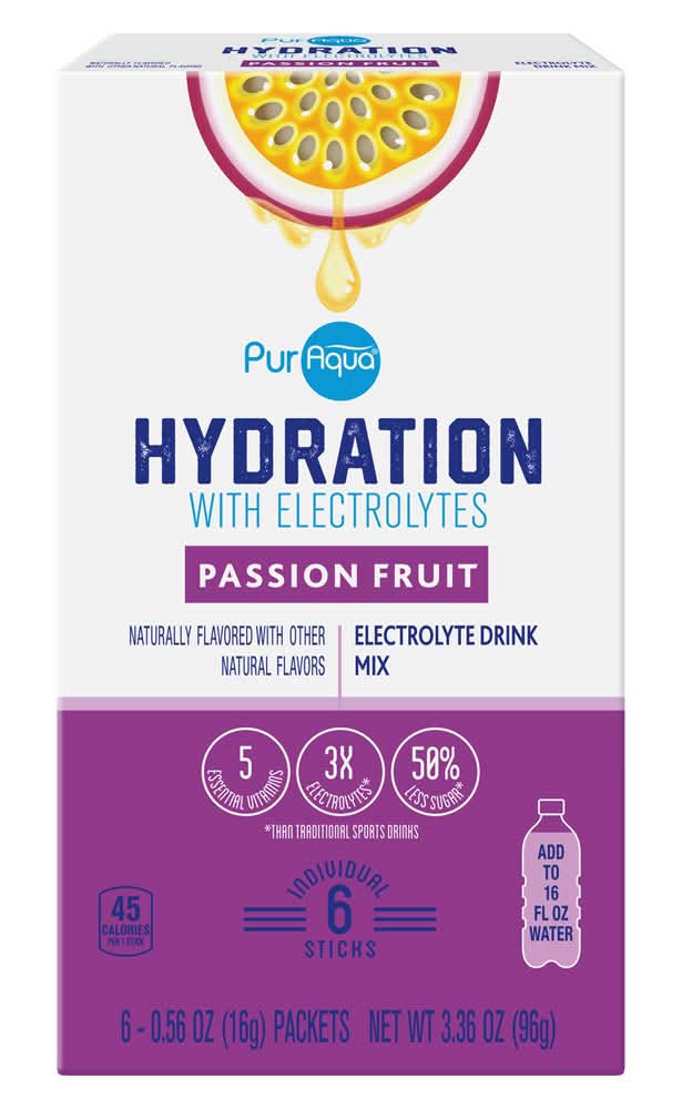 PurAqua Hydration With Electrolyte Drink Mix Sticks, Passion Fruit (6 x 0.56 oz)