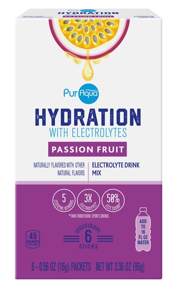 PurAqua Hydration With Electrolyte Drink Mix Sticks, Passion Fruit (6 x 0.56 oz)
