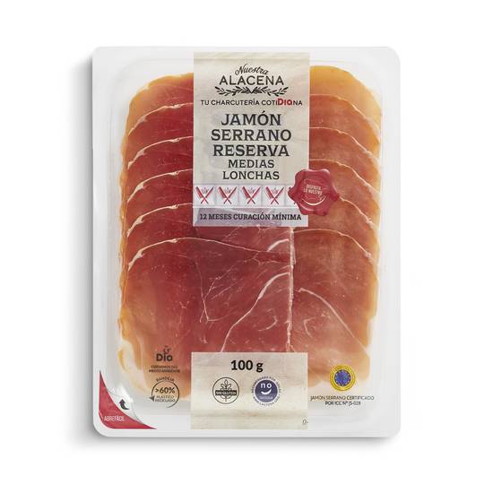 DIA NUESTRA ALACENA jamón serrano reserva en medias lonchas envase 100 gr