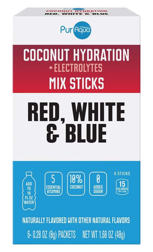 PurAqua Coconut Hydration Electrolytes Mix Sticks, Red-White-Blue (6 x 0.28 oz)