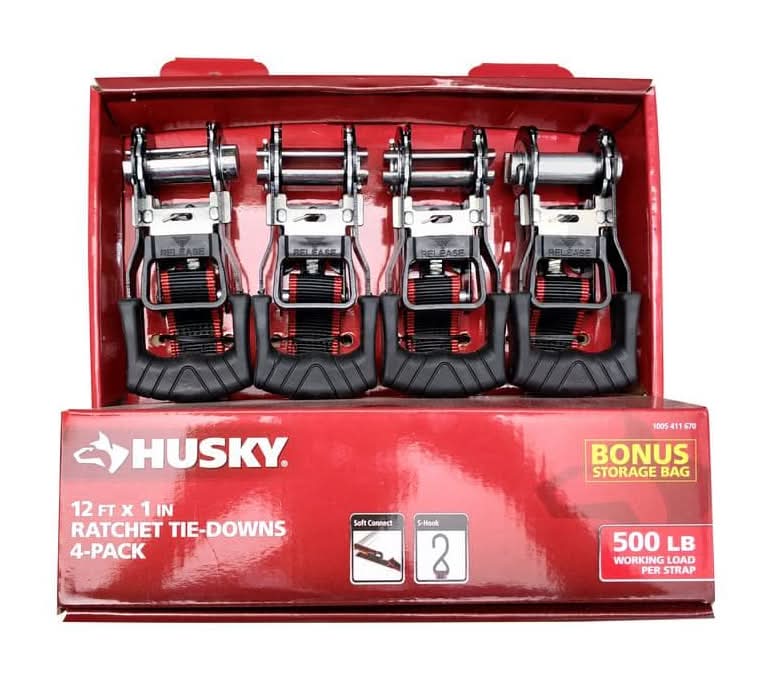 Husky 12 Ft. X 1 In. Ratchet Tie-Down Straps With S-Hook (4-Pack)