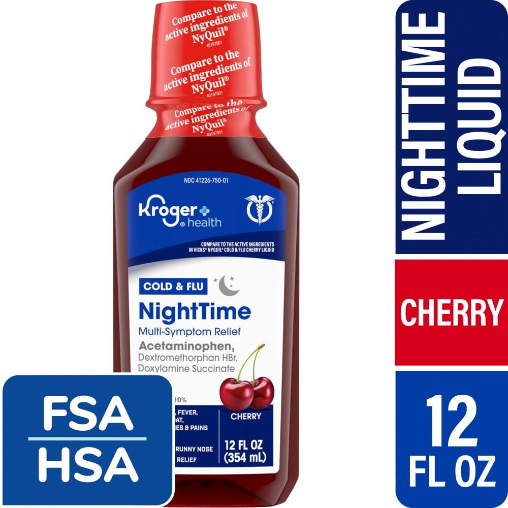 Kroger Multi Symptom Cold & Flu Nighttime Liquid Medicine, Cherry (12 fl oz)