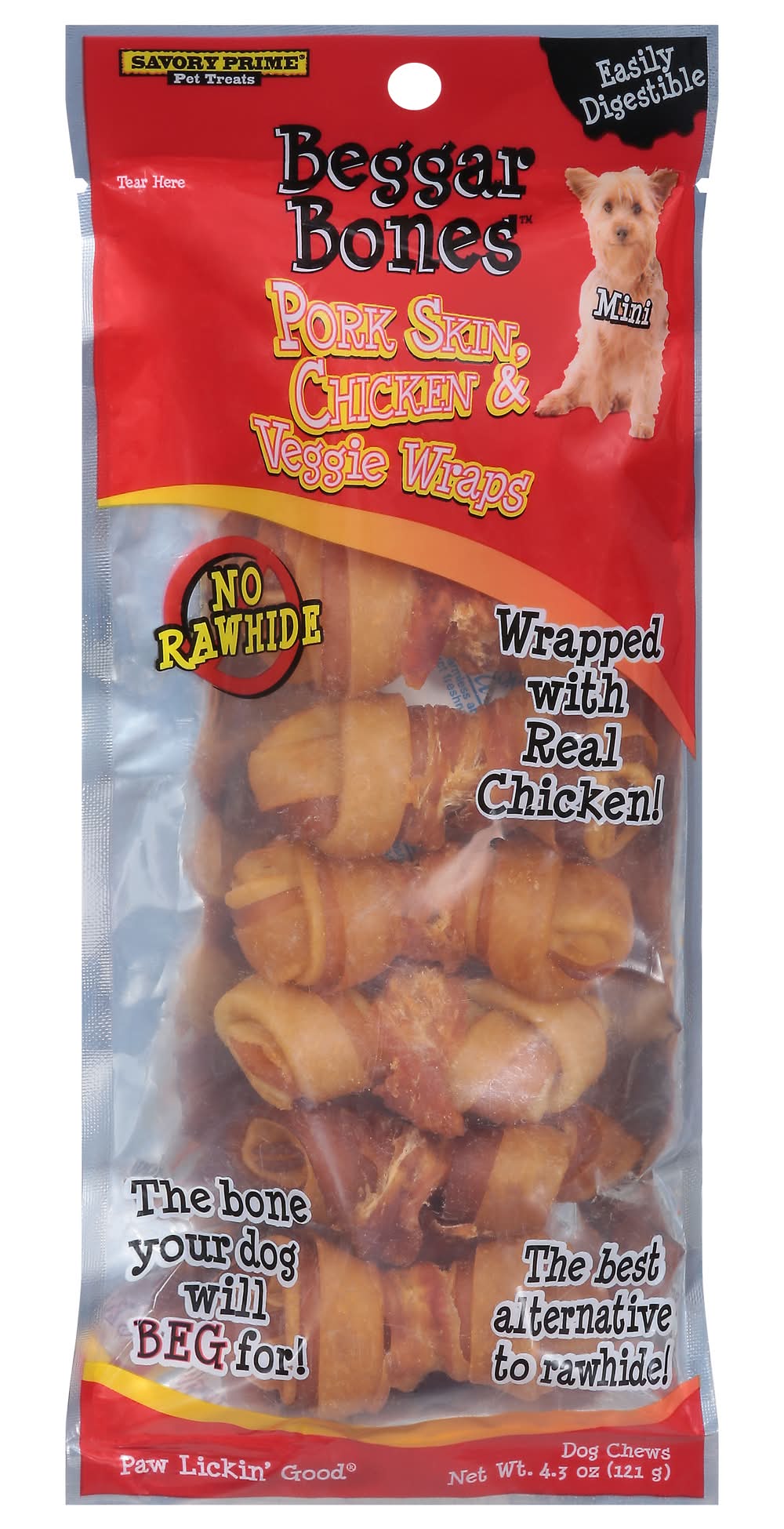 Beggar Bones Dog Chews, Pork Skin-Chicken-Veggie Wraps (4.3 oz)
