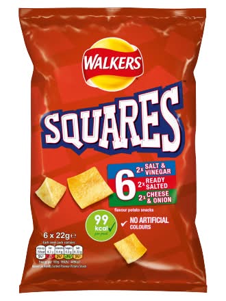 Walkers Salt & Vinegar-Ready Salted-Cheese & Onion, Squares Potato Variety Snacks (6 x 22g)