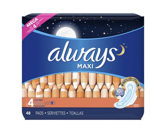 Always · Maxi Overnight Pads with Flexi-Wings Size 4 Mega Pack (48 pads)