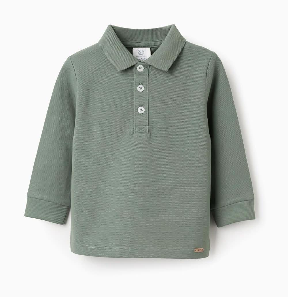 Polo De Manga Comprida Em Algodão Para Bebé Menino (Verde Escuro - 9/12M)