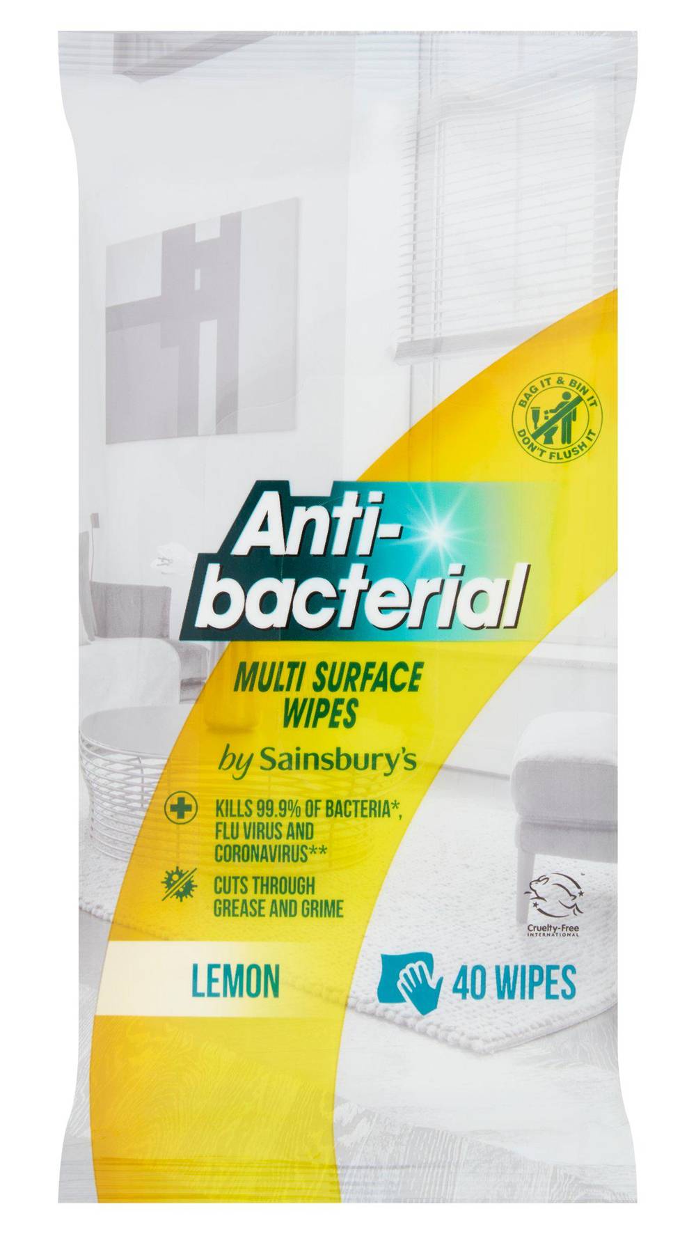 Sainsbury's Lemon, Anti-Bacterial Multi Surface Wipes (40 pack)