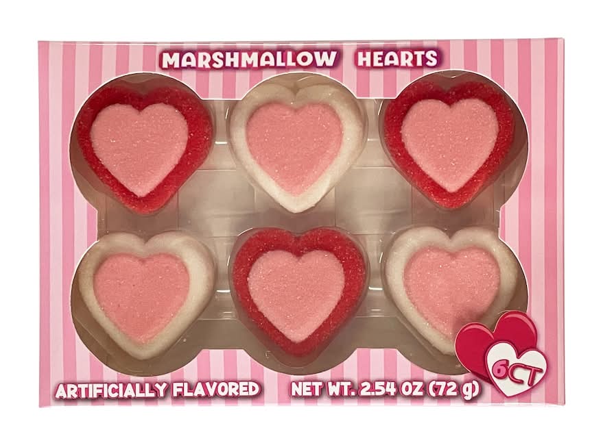 Artificially Flavored Marshmallow Hearts, 6-pc Pack.