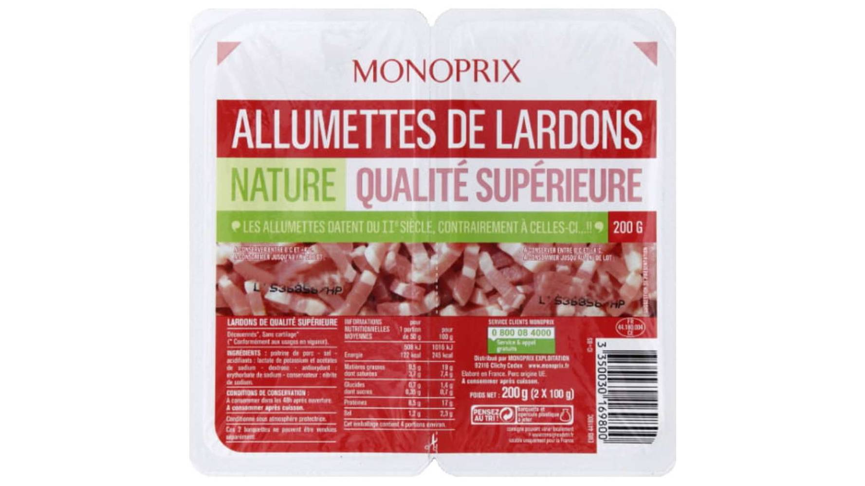 Monoprix Allumettes de lardons nature qualité supérieure Les 2 barquettes de 100g