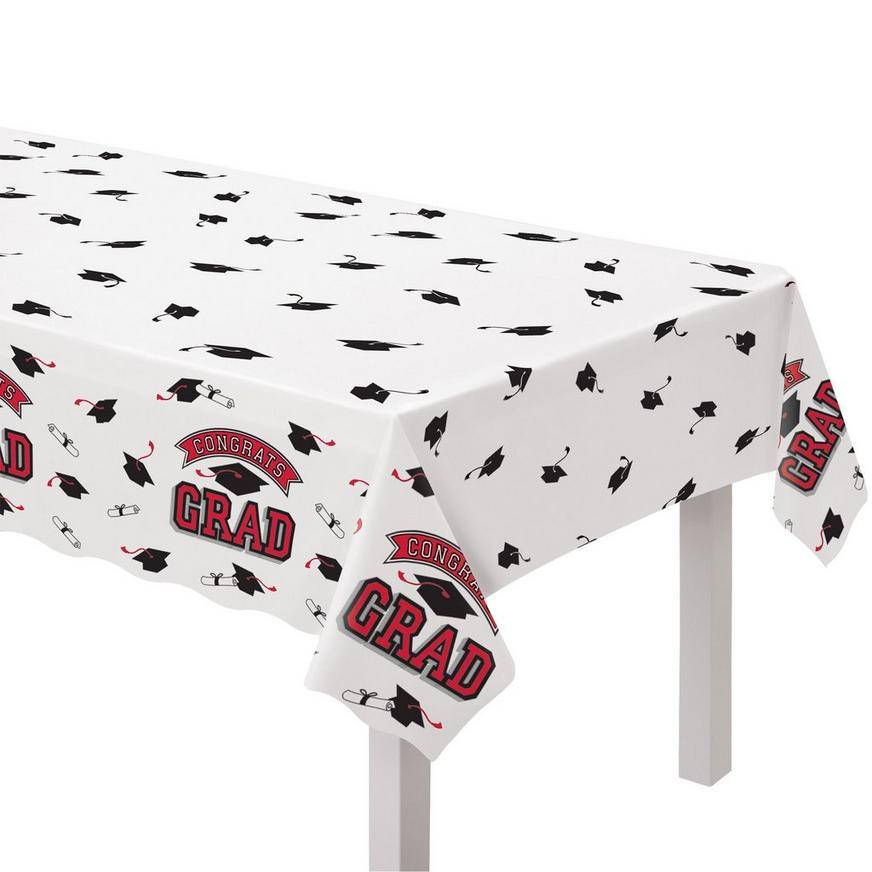 Red True to Your School Graduation Plastic Table Cover, 54in x 102in