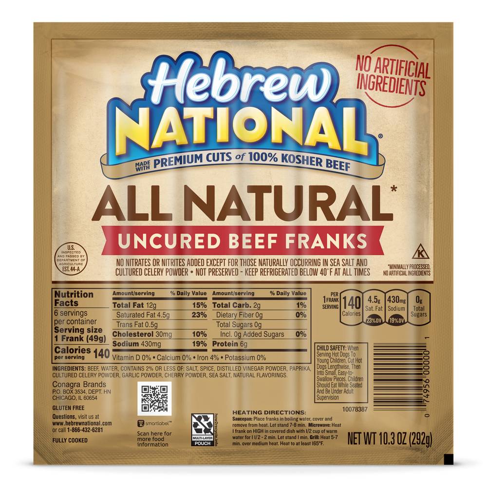 Hebrew National All Natural Uncured Beef Franks Hot Dogs (10.3 oz)