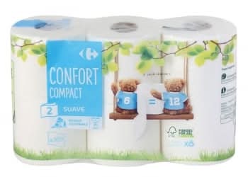 Papel higiénico 2 capas confort compact Carrefour 6 rollos.