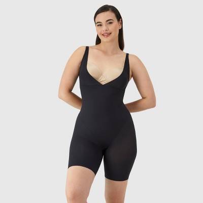 Maidenform Women's Shapewear Open Bust Wear Your Own Bra Mid Thigh Bodysuit 874 - Black XXL: Tummy & Thigh Slimming, Firm Compression