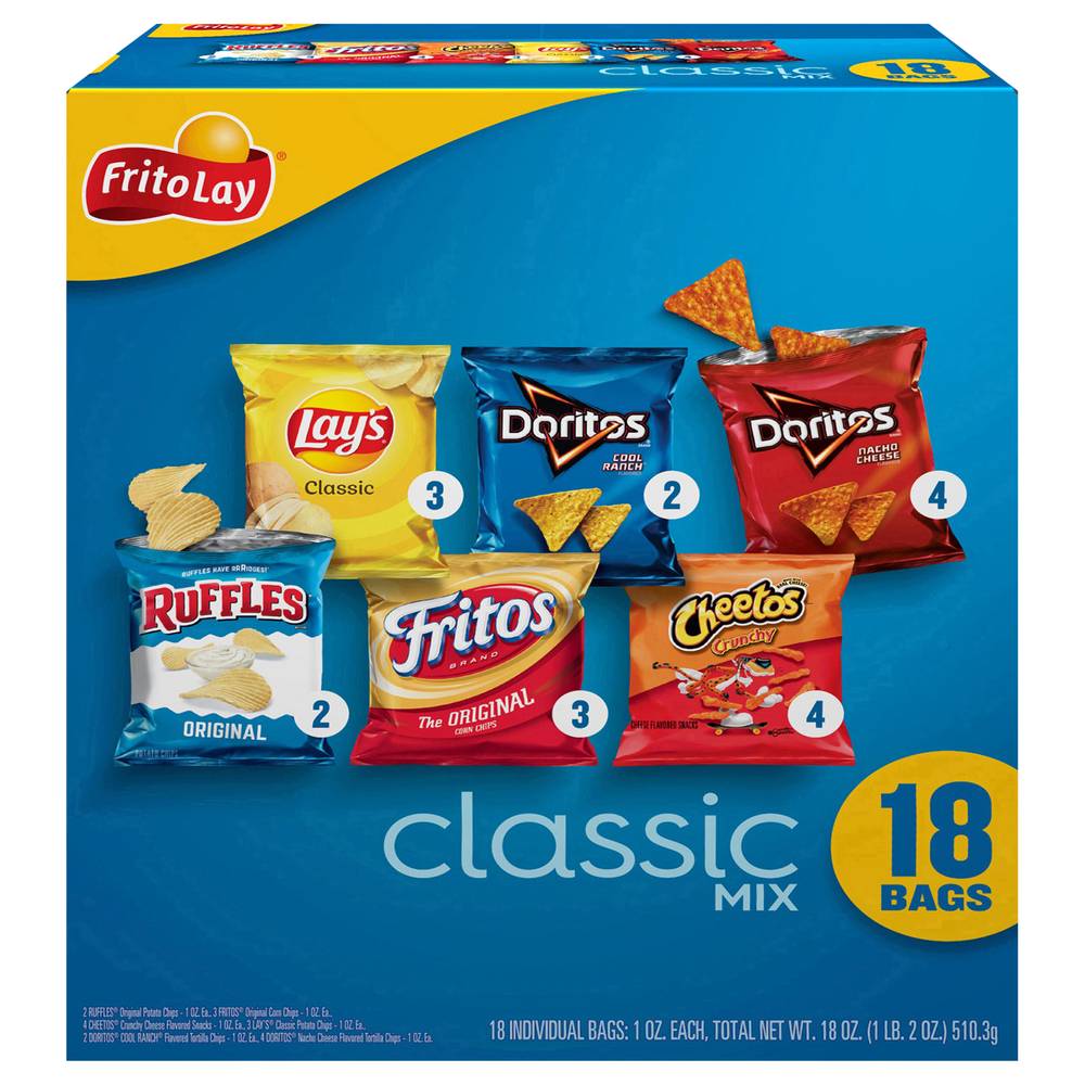 Frito-Lay Classic Mix Variety pack Snacks, Assorted (18 oz, 18 ct)