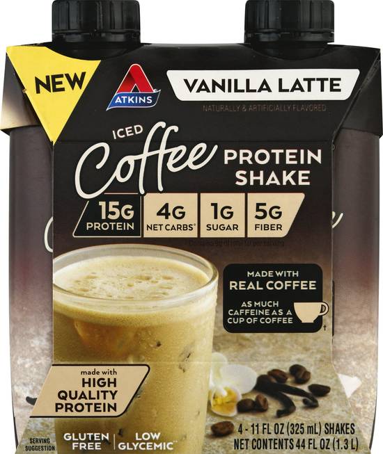 Atkins Vanilla Latte Iced Coffee Protein Shake (4 ct, 11 fl oz)