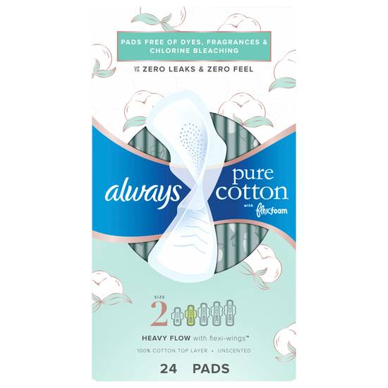 Always Pure Cotton Flexfoam Heavy Flow Flexi-Wings Pads Size 2 (24 ct)