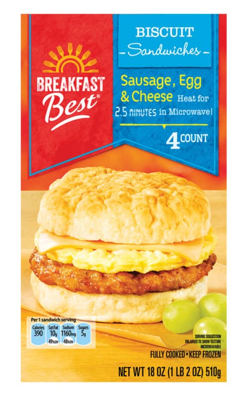 Breakfast Best Sausage Egg & Cheese Biscuit Breakfast Sandwich (18 oz, 4 ct)