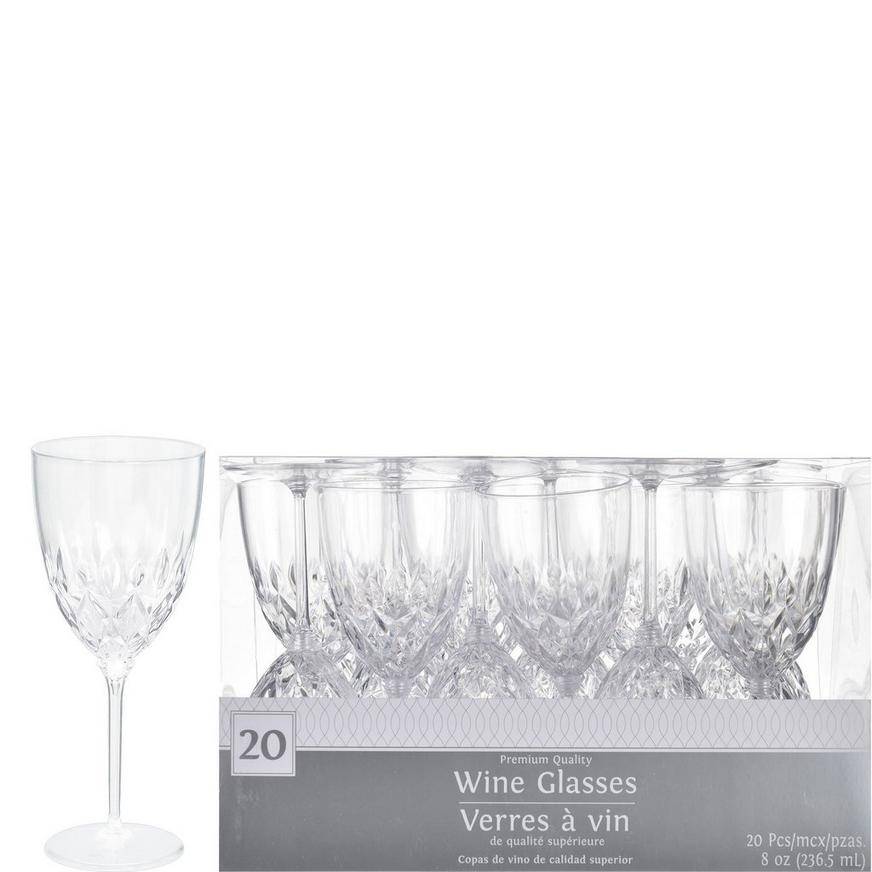 Party City Clear Crystal Cut Premium Plastic Wine Glasses, 8 OZ (20 ct)