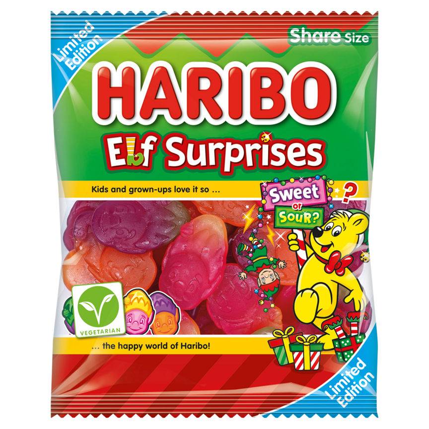 Haribo Sweet and Sour Fruit, Elf Surprises Chewy Sweets Sharing Bag (160g)