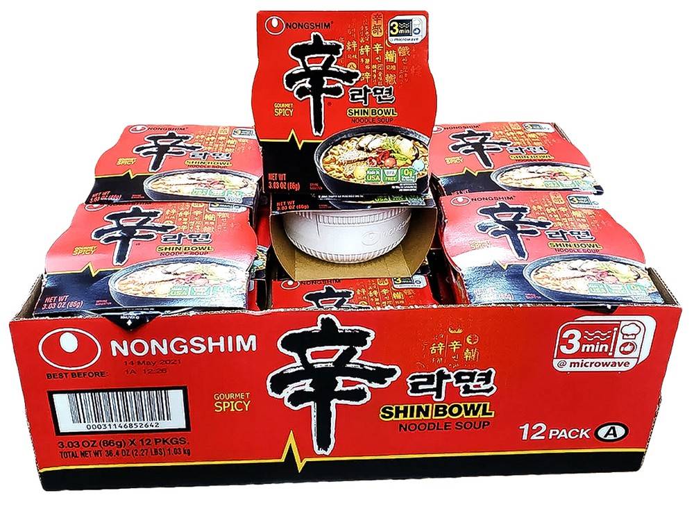 Nongshim Shin Bowl Noodle Soup Spicy pack (3.03 oz, 12 ct)
