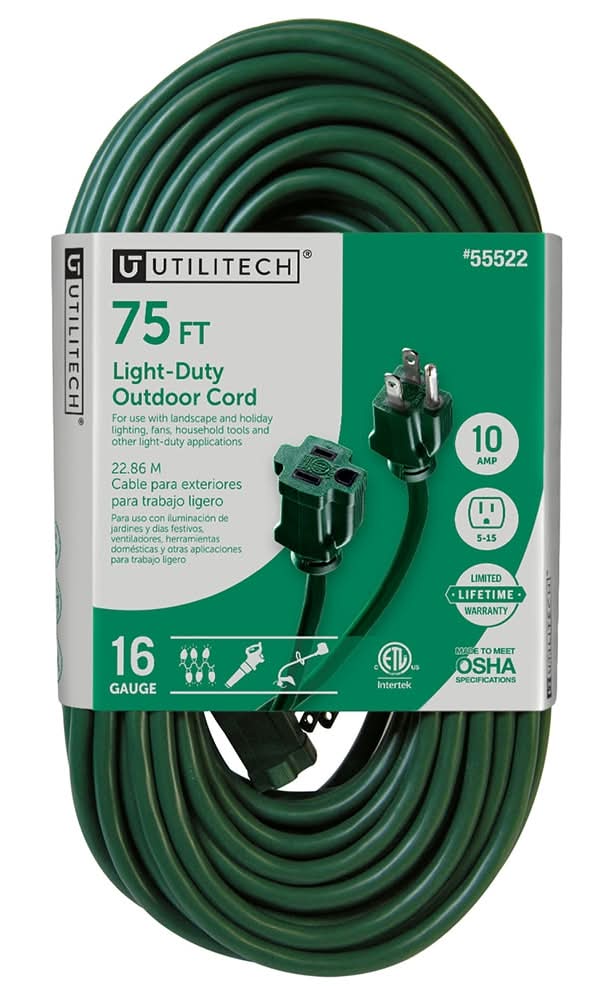 Utilitech 75-ft 16 / 3 Light Duty 3 Prong Green Outdoor Extension Power Cord