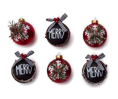 "Merry" Wreath & Red Snowflake Glass Ornaments, 8-Pack