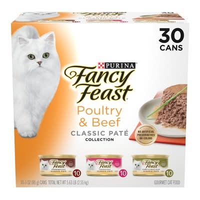 Purina Fancy Feast Poultry & Beef Classic Pate Collection Wet Cat Food, Tender Beef-Chicken-Turkey & Giblets (30 x 3 oz)