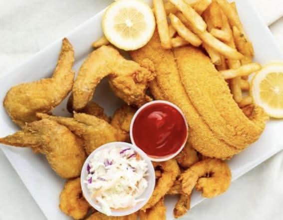 2 Pc Whole Wings, 1 Pc Whiting Fish, 5 Pc Fried Shrimp with Fries or Rice