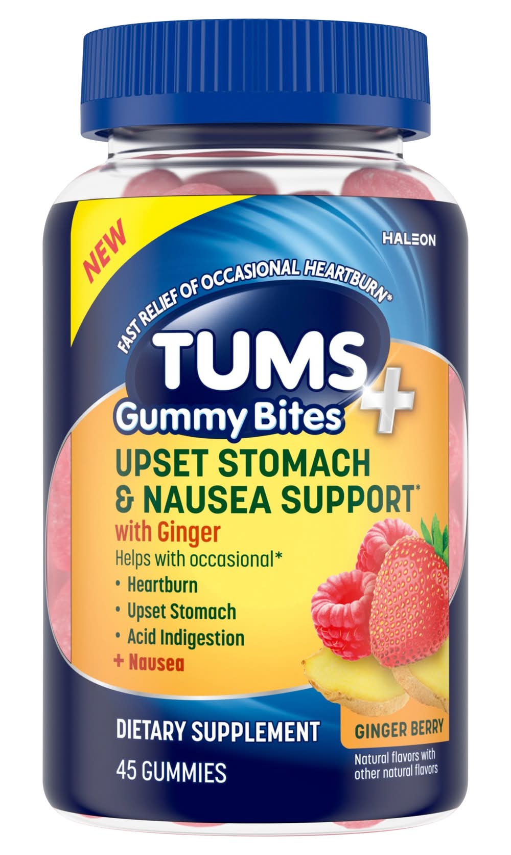 TUMS Upset Stomach & Nausea Support Gummy Bites, Ginger Berry (45 ct)
