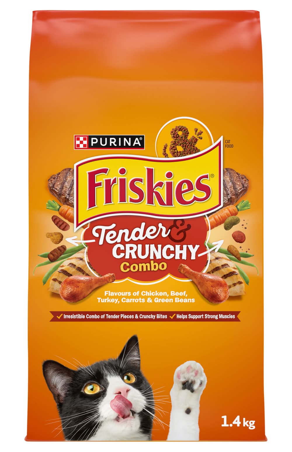 Purina Friskies Grillers Tender & Crunchy Dry Cat Food, Chicken Beef Turkey Carrots & Green Beans (1.4 kg)