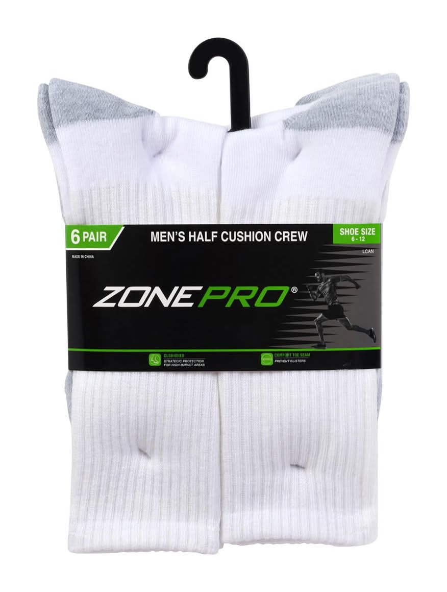 Zone Pro Men'S Half Cushion Crew Socks White With Grey Accents Size 6?12 6 Pk
