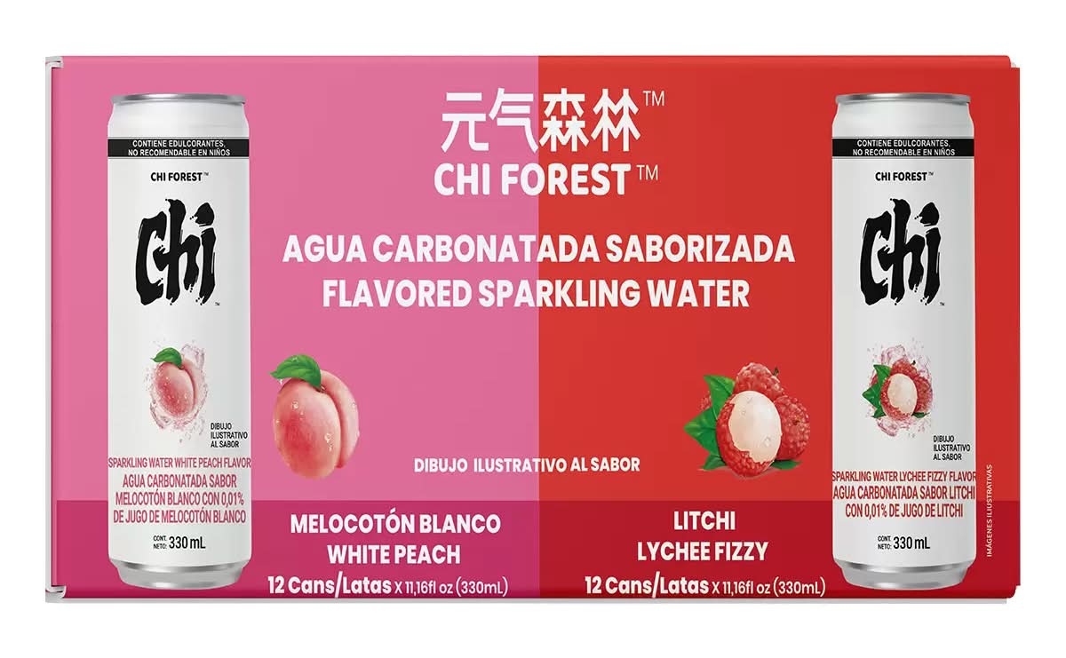 Chi Forest · Agua carbonatada, melocotón blanco-litchi (24 x 330 ml)