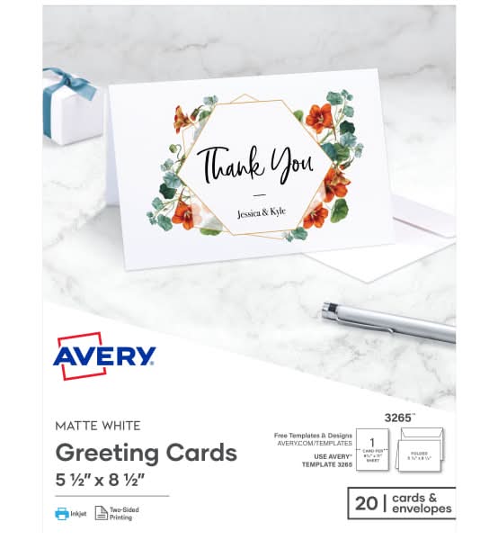 Avery® Printable Greeting Cards, Half-Fold, 5.5" x 8.5", Matte White, 20 Blank Cards With Envelopes
