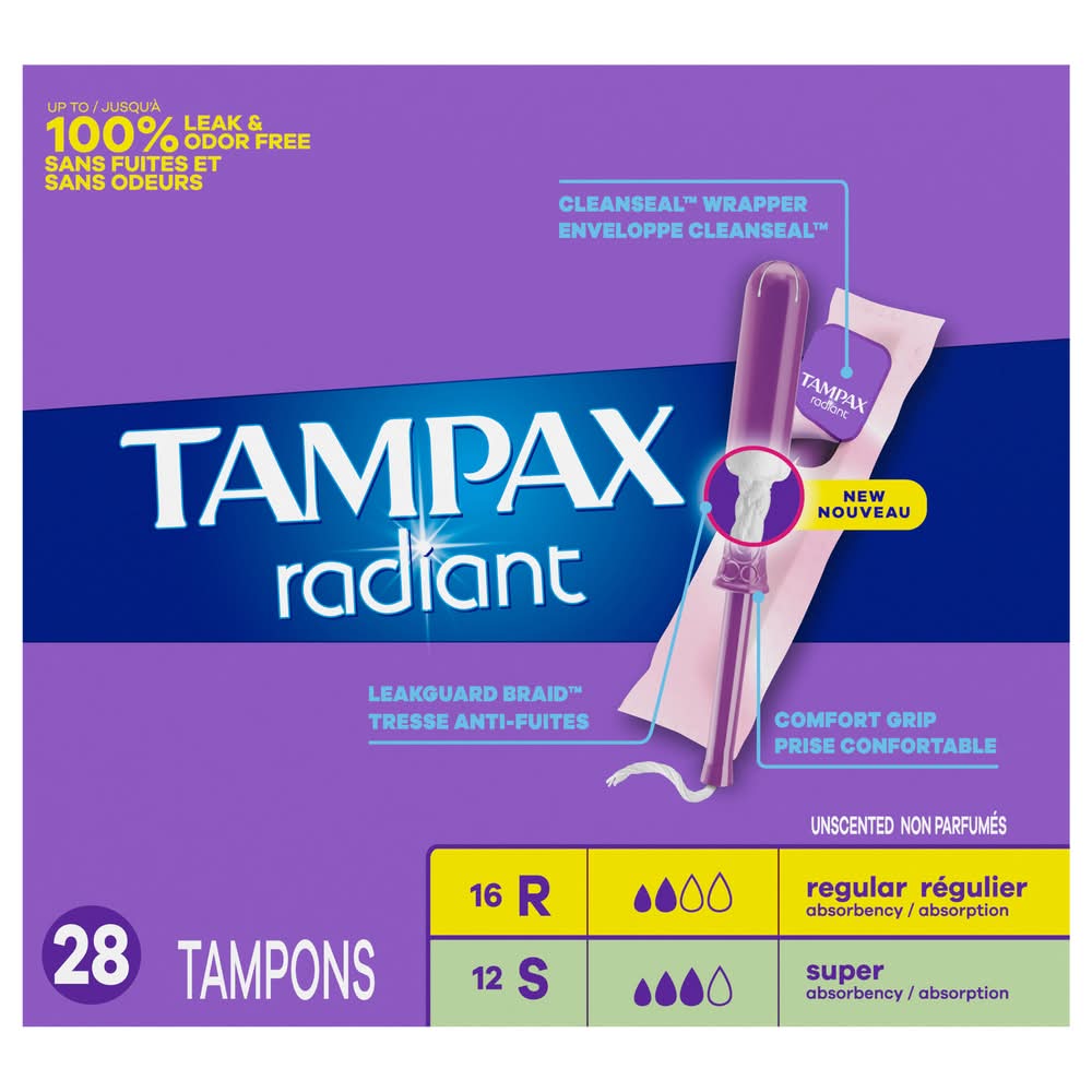 Tampax Radiant Regular/Super Unscented Tampons (8 oz, 28 ct)