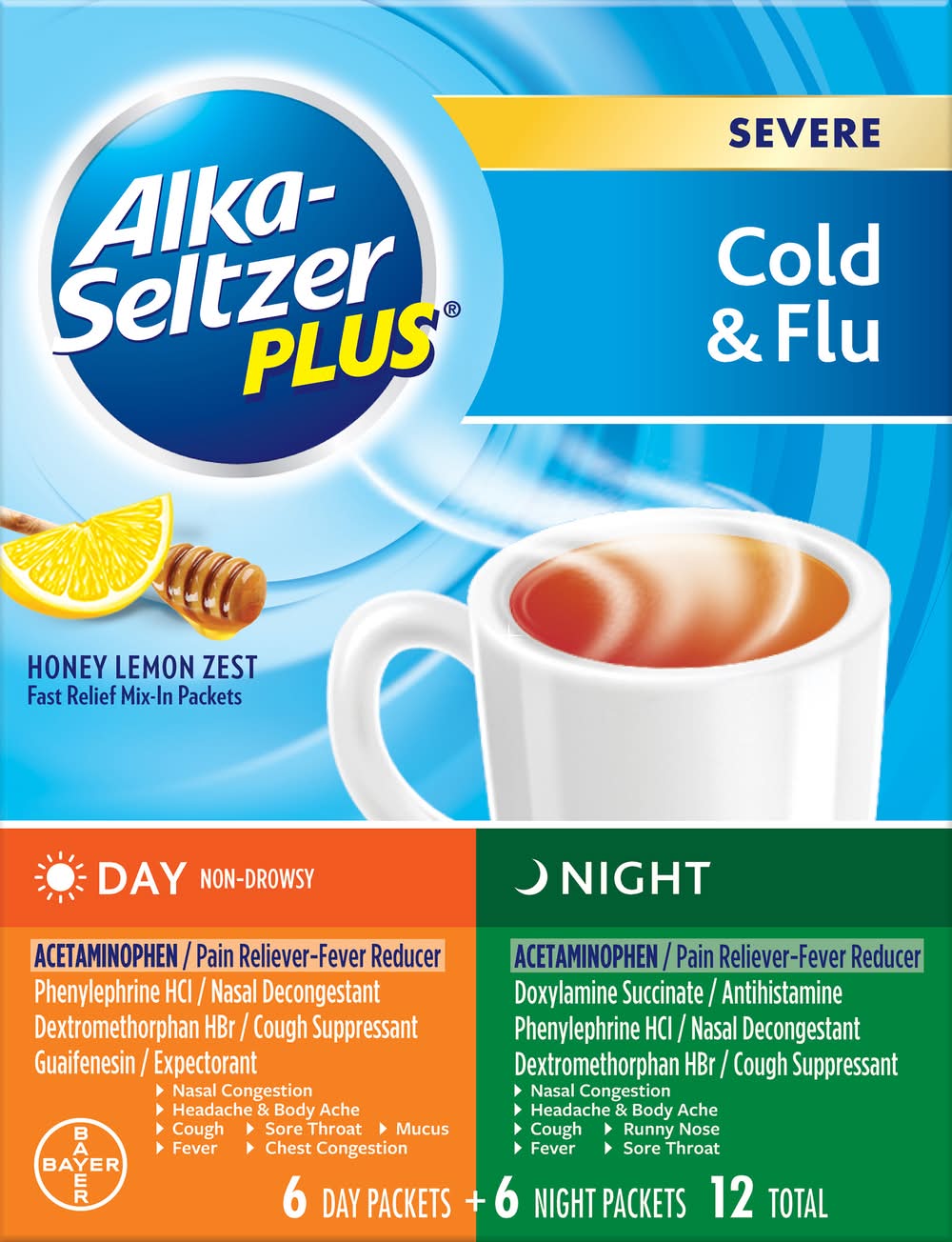 Alka-Seltzer Plus Day & Night Severe Cold & Flu Relief Mix-In Packets, Honey Lemon Zest (12 ct)