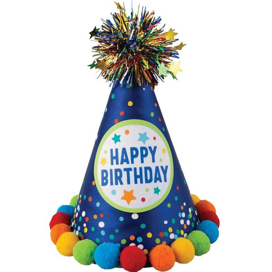 Party City Confetti Pom-Pom Birthday Cardstock Fabric Party Hat (6.25in x 8.25in/blue)