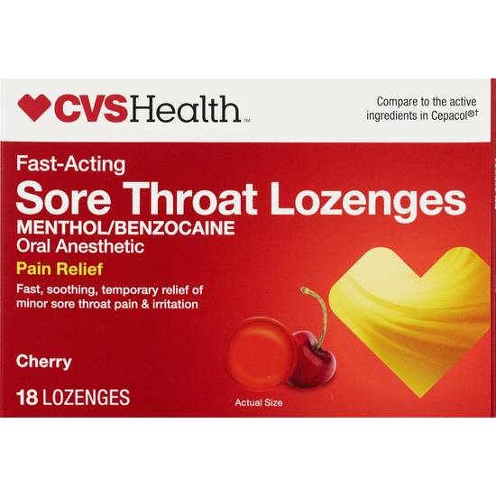 CVS Health Fast Acting Sore Throat Lozenges, Cherry, 18 CT