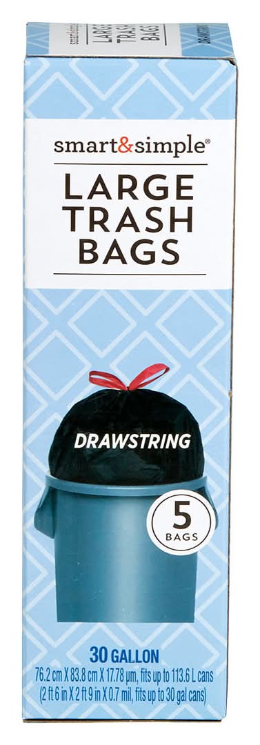 Smart & Simple Large Drawstring Trash Bags 30 Gallon 5 Ct