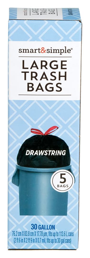 Smart & Simple Large Drawstring Trash Bags 30 Gallon 5 Ct