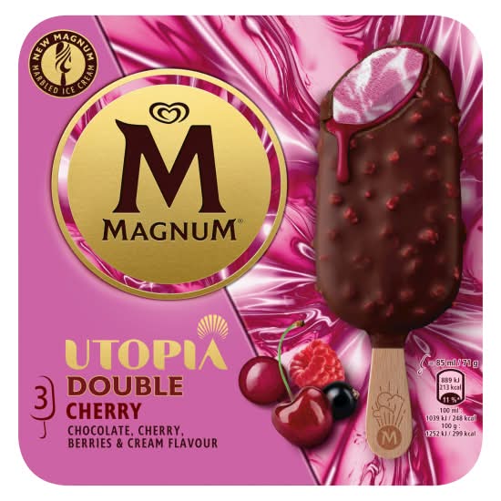Magnum Double Cherry Chocolate Berries & Cream, Utpoia Ice Cream Sticks (3 x 85ml)