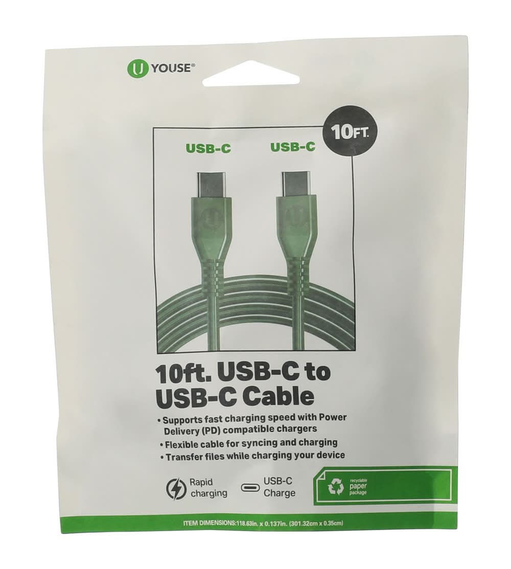 10ft USB-C To USB-C Cable Dark Green