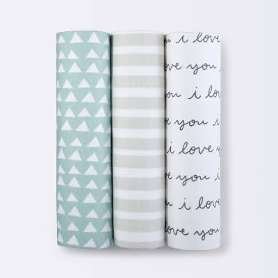 Cloud Island I Love You Muslin Swaddle Blankets, Black/White (3 ct)