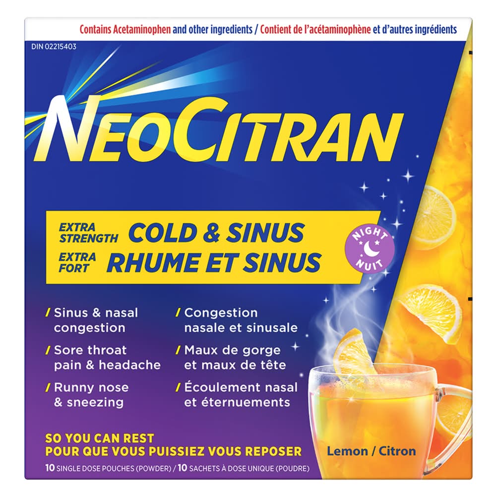 NeoCitran Extra Strength Cold & Sinus Night Powder, Lemon (10 ct)