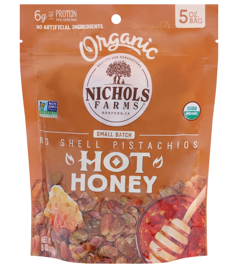 Nichols Farms Organic No Shell Pistachios, Hot Honey (5 oz, 5 ct)