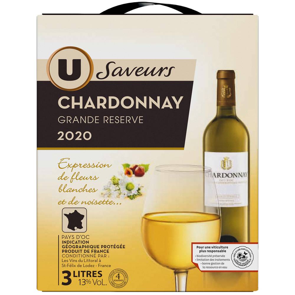 U Saveurs - Vin blanc igp pays d'oc chardonnay grande réserve, 2020 (3L)