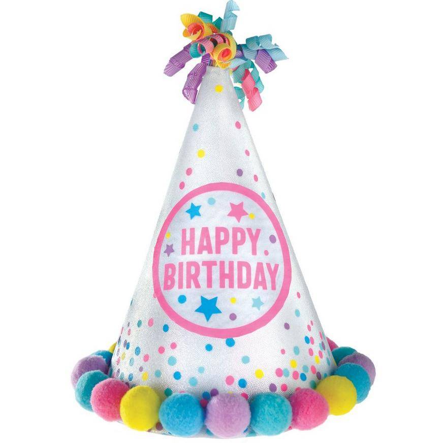 Iridescent Pastel Party Happy Birthday Pom-Pom Party Hat, 8.25in