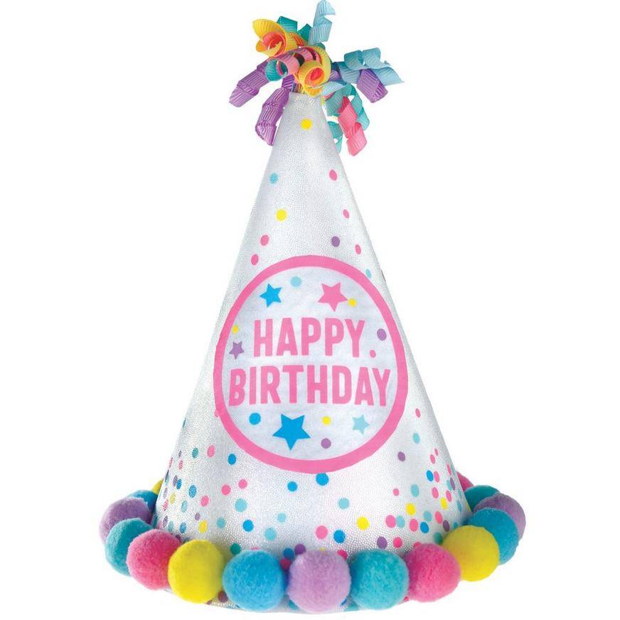 Party City Iridescent Pastel Party Happy Birthday Pom-Pom Party Hat ( 8.25in/assorted)